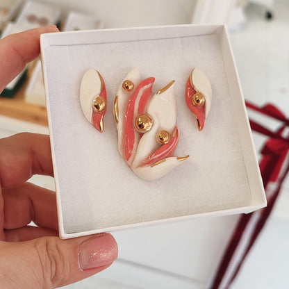 Set Brooch Leafs White & Rose