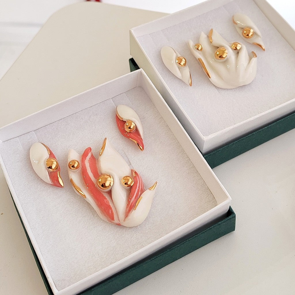 Set Brooch Leafs White & Rose