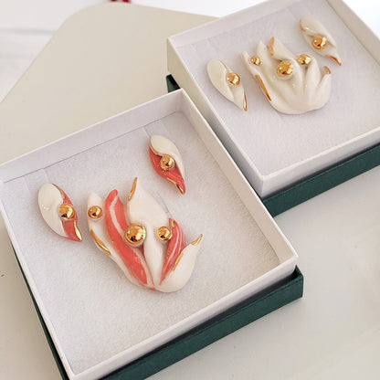 Set Brooch Leafs White & Rose