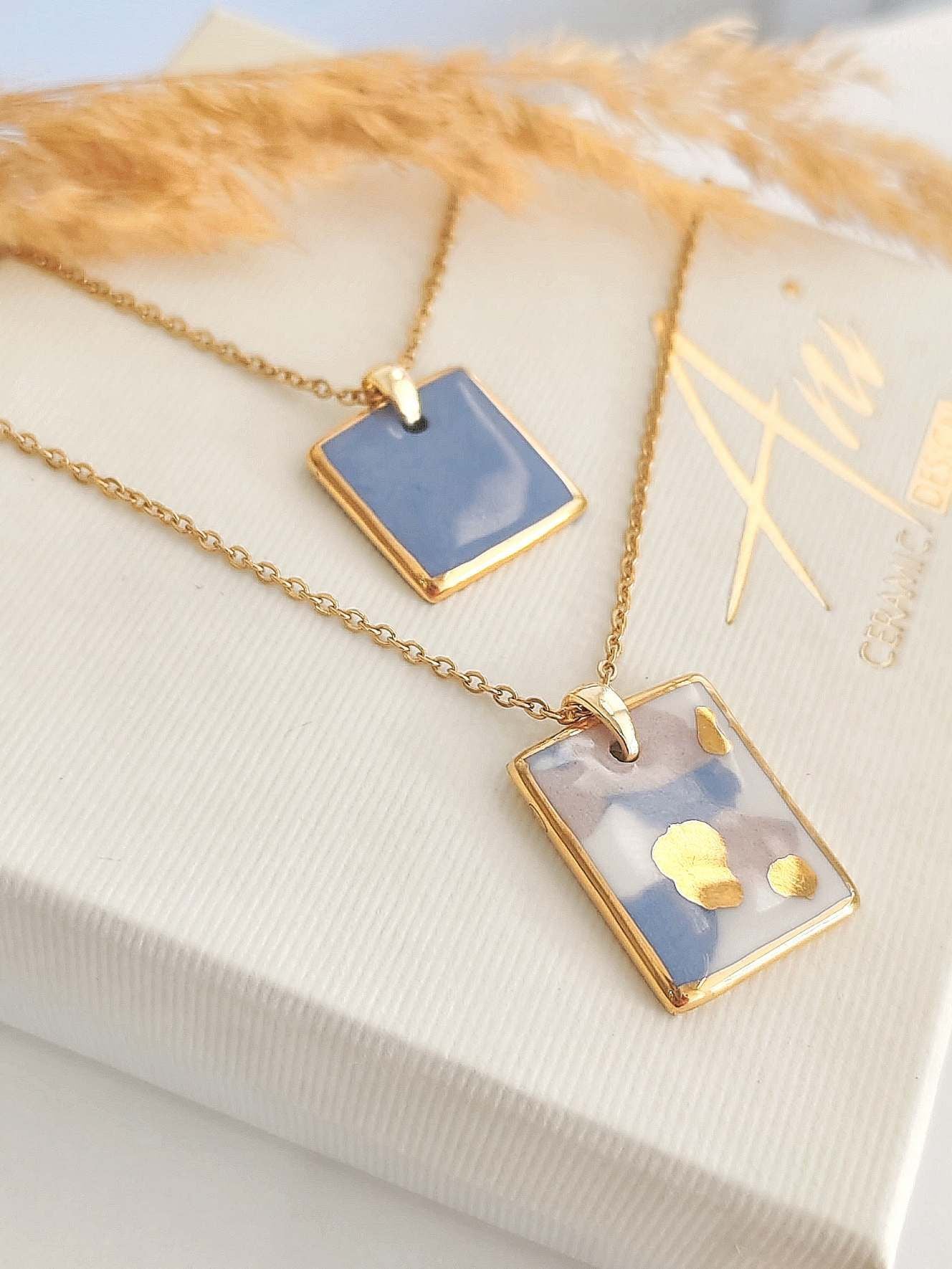 Necklace Double Square Blue & Beige